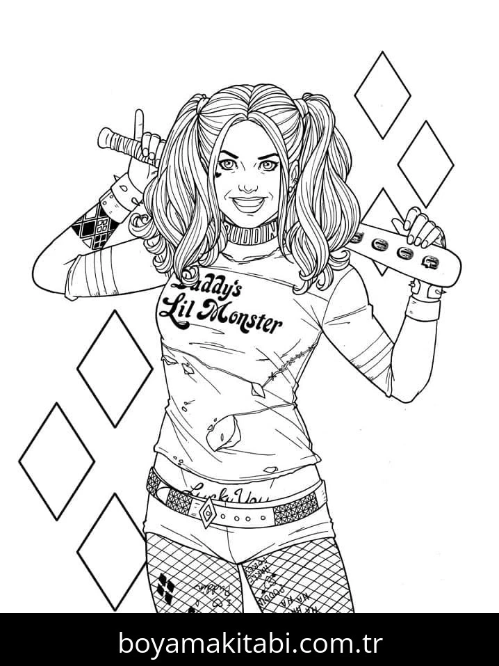 Harley Quinn boyama sayfası – el becerilerini geliştirir, boyama çalışması