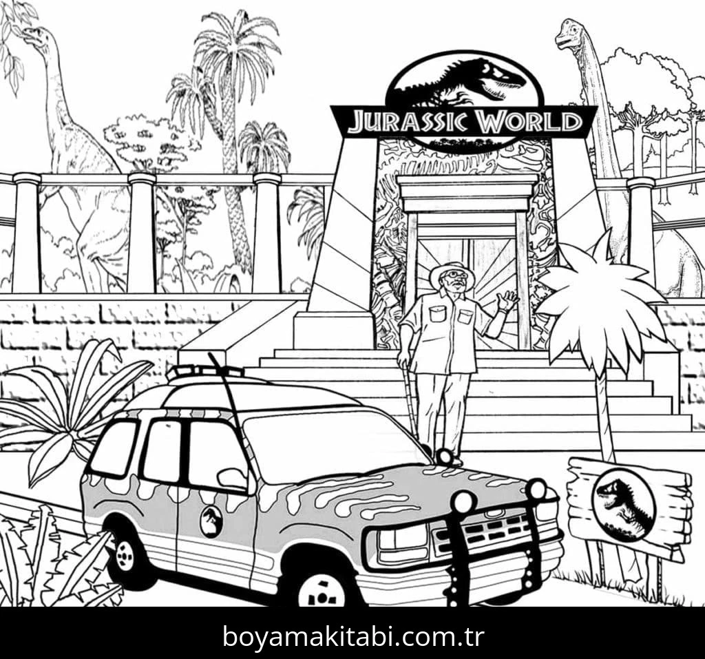 Jurassic Park boyama sayfası – kolay boyama, eğitici aktivite