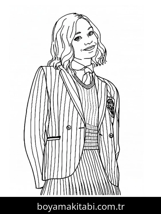 Wednesday Addams boyama sayfası – sevimli karakter, sanatsal çalışma