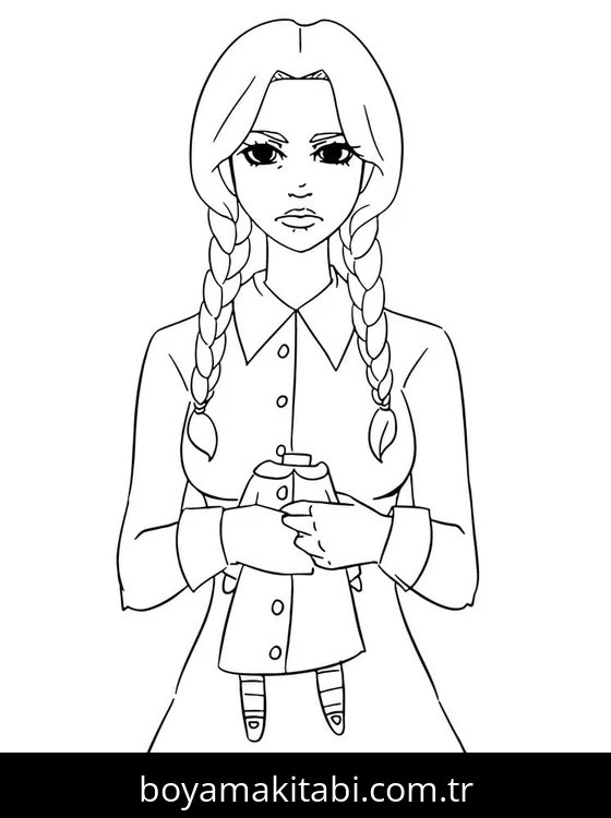 Wednesday Addams boyama sayfası – basit çizim, kolay boyama