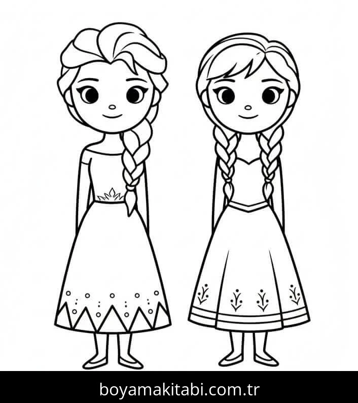 Elsa Ve Anna boyama sayfası – basit çizim, kolay boyama