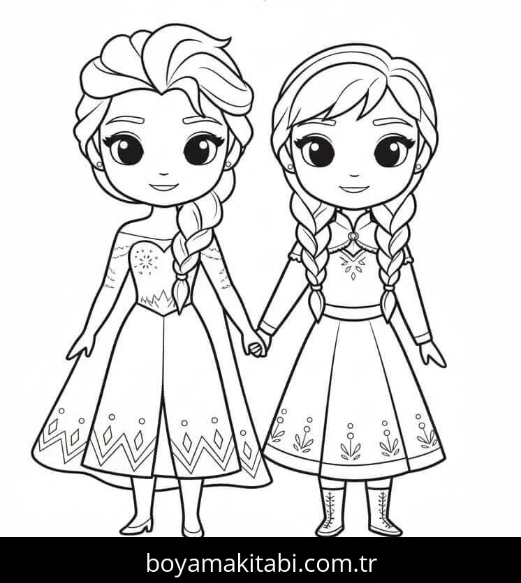 Elsa Ve Anna boyama sayfası – çizgi film temalı, basit çizim