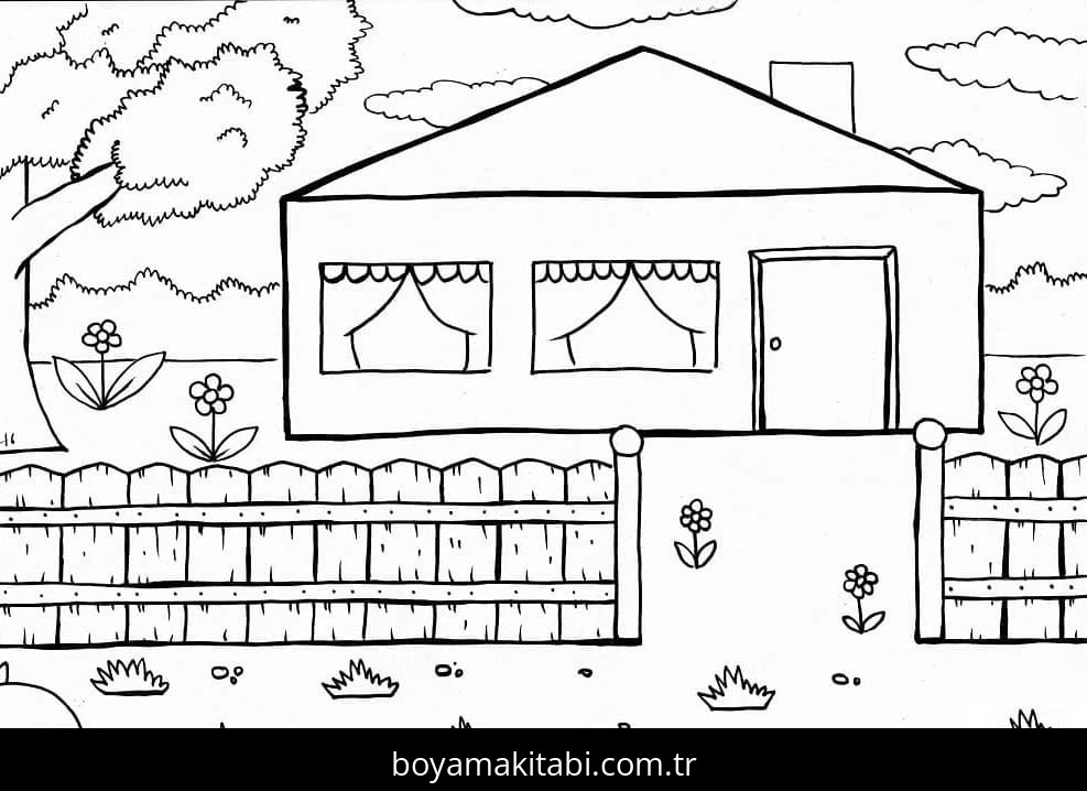 Evler boyama sayfası – PDF indir, sevimli karakter