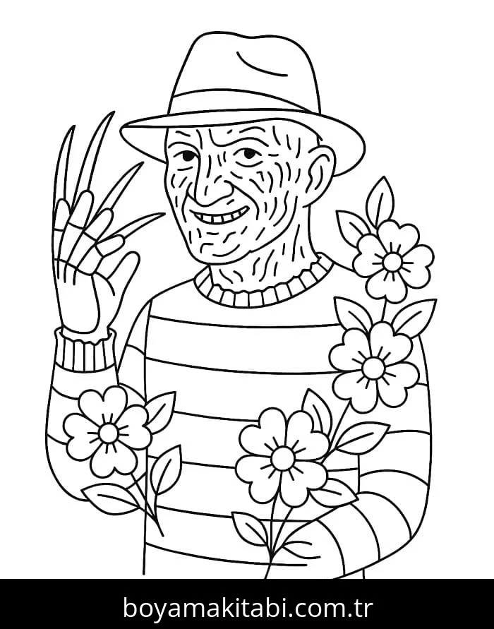 Freddy Krueger boyama sayfası – çocuk aktivitesi, PDF indir