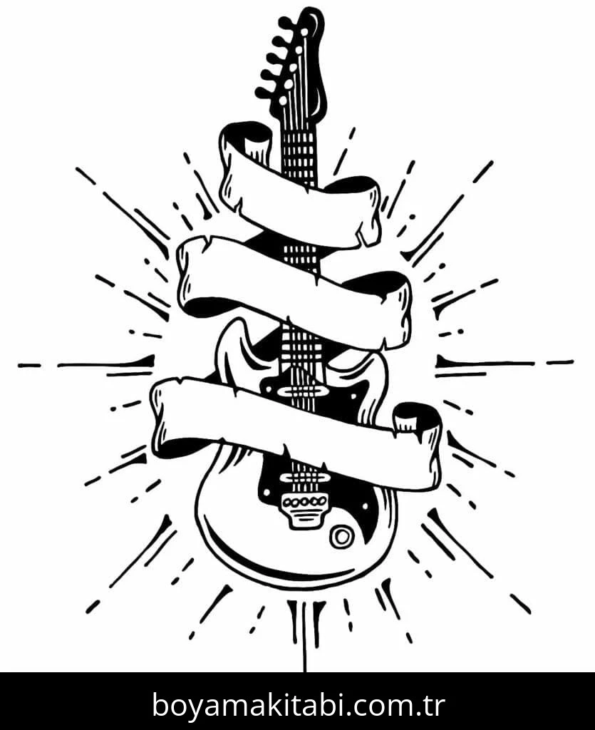 Gitar boyama sayfası – çizgi film temalı, basit çizim