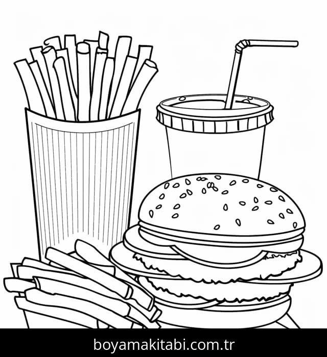 Hamburger boyama sayfası – kolay boyama, eğitici aktivite