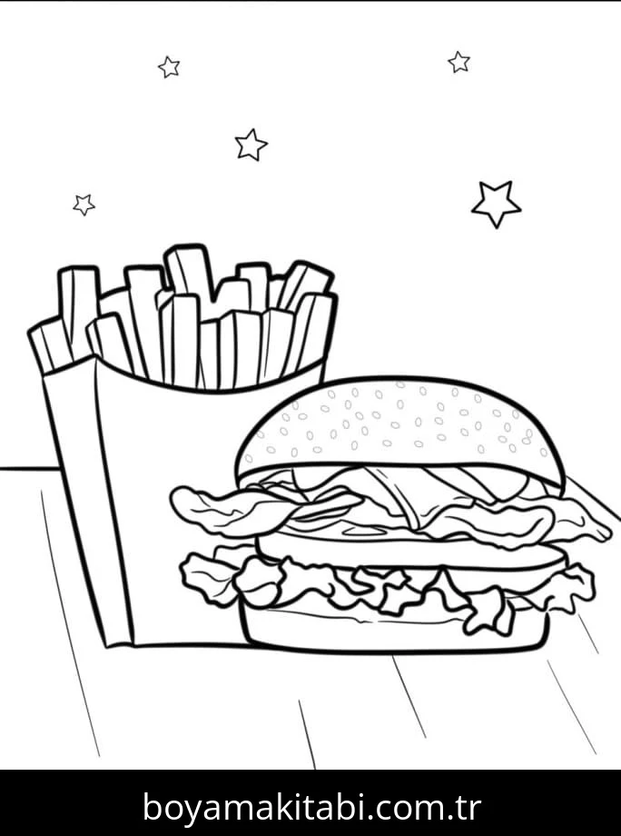 Hamburger boyama sayfası – keyifli zaman, renkli çizimler