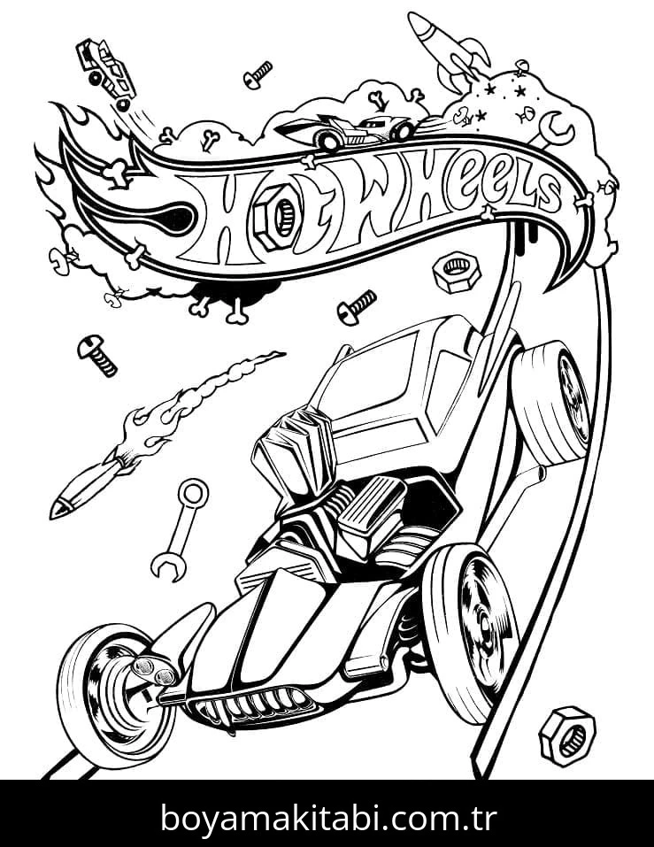 Hot Wheels boyama sayfası #88 – dikkat ve odaklanma geliştirir, A4 baskıya uygun