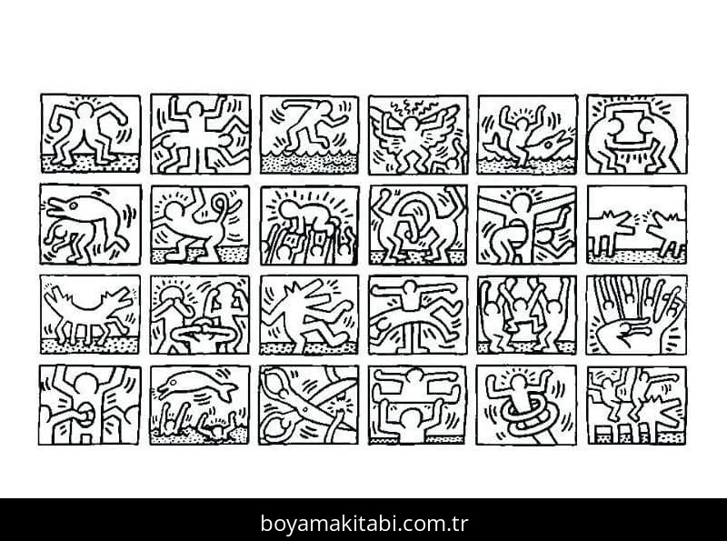 Keith Haring boyama sayfası – PDF indir, sevimli karakter