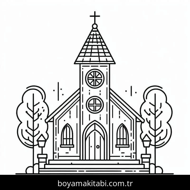 Kilise boyama sayfası – el becerilerini geliştirir, boyama çalışması