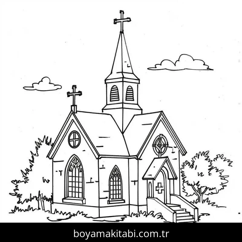 Kilise boyama sayfası – keyifli zaman, renkli çizimler