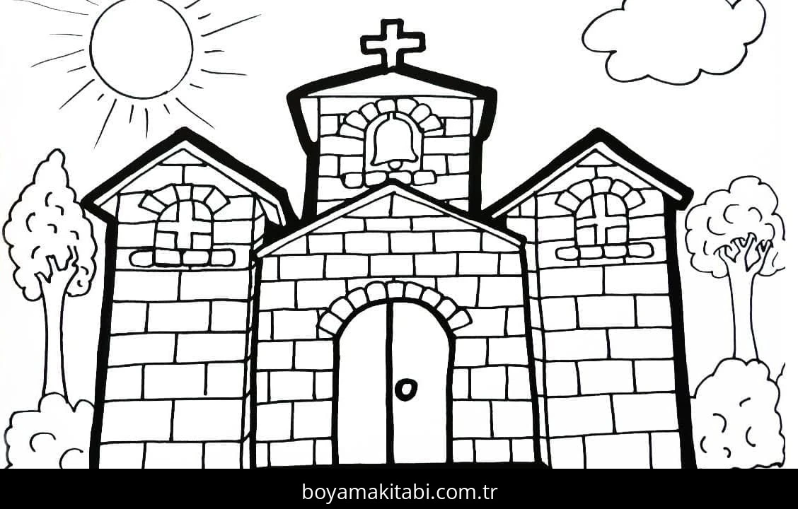 Kilise boyama sayfası – evde etkinlik, ücretsiz yazdır