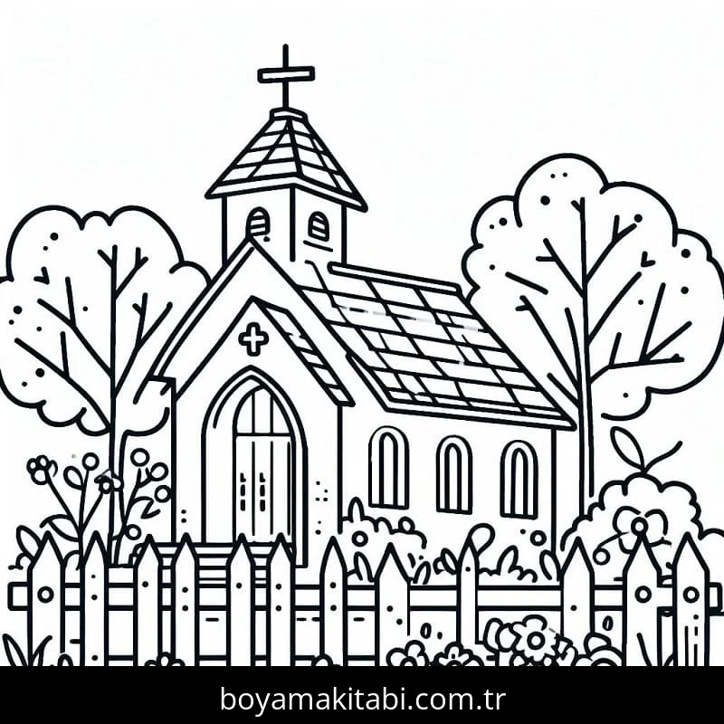 Kilise boyama sayfası – çocuk aktivitesi, PDF indir