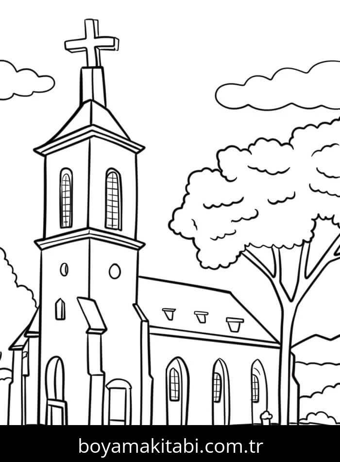 Kilise boyama sayfası – renkli çizimler, okul öncesi