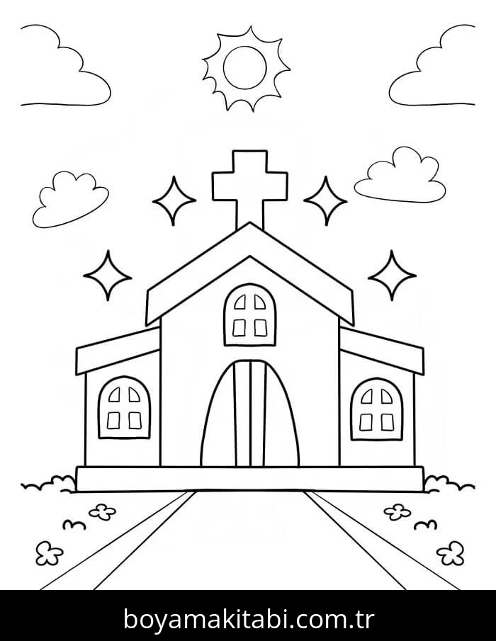 Kilise boyama sayfası – okul öncesi, evde etkinlik