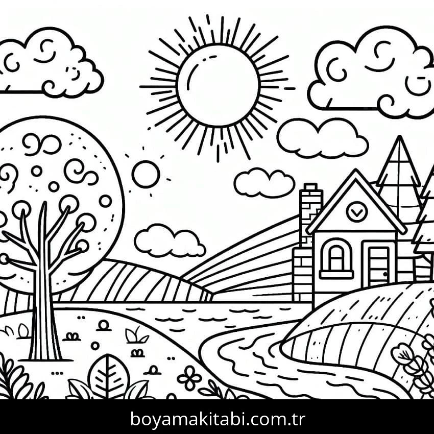 Manzara boyama sayfası – çocuk aktivitesi, PDF indir