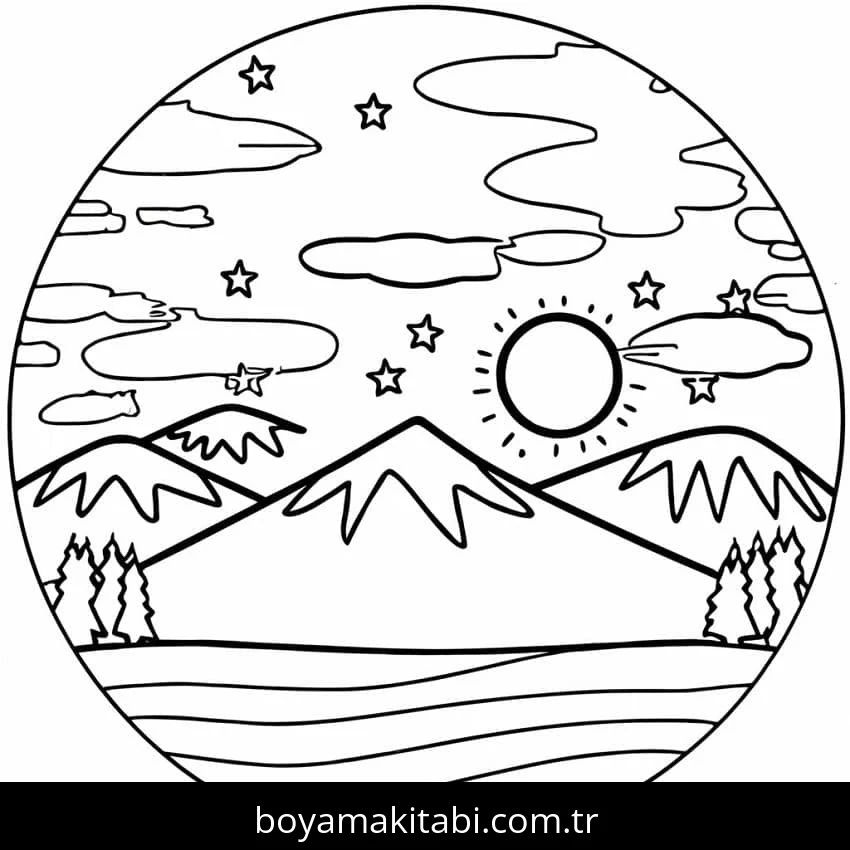 Manzara boyama sayfası – okul öncesi, evde etkinlik