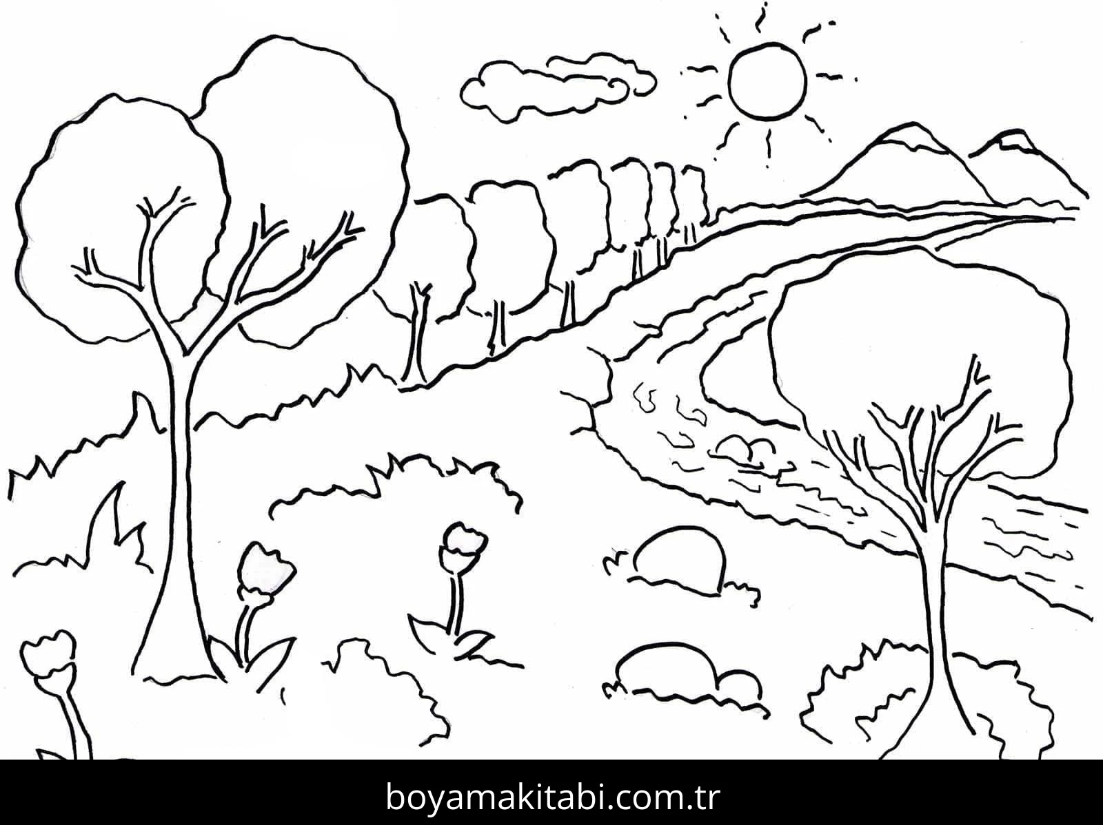Manzara boyama sayfası – çizgi film temalı, basit çizim