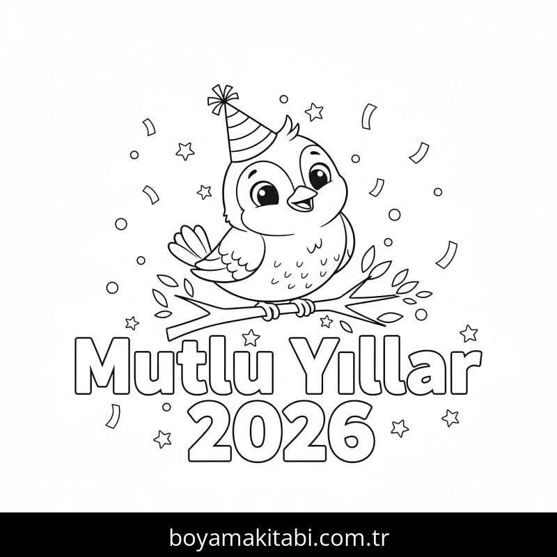 Mutlu Yıllar 2026 boyama sayfası – evde etkinlik, ücretsiz yazdır