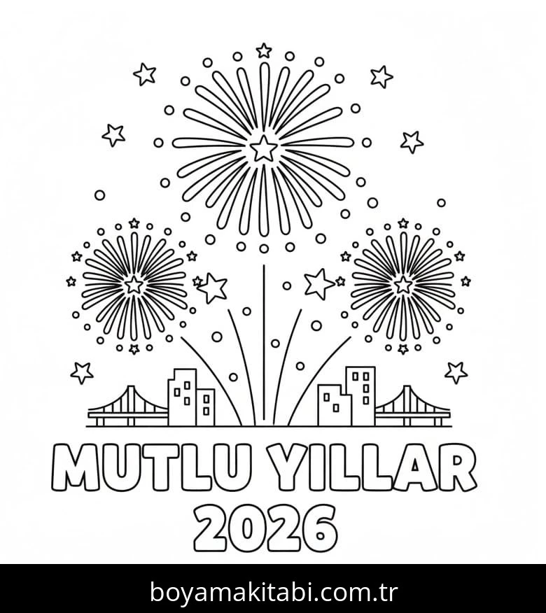 Mutlu Yıllar 2026 boyama sayfası – çocuk aktivitesi, PDF indir