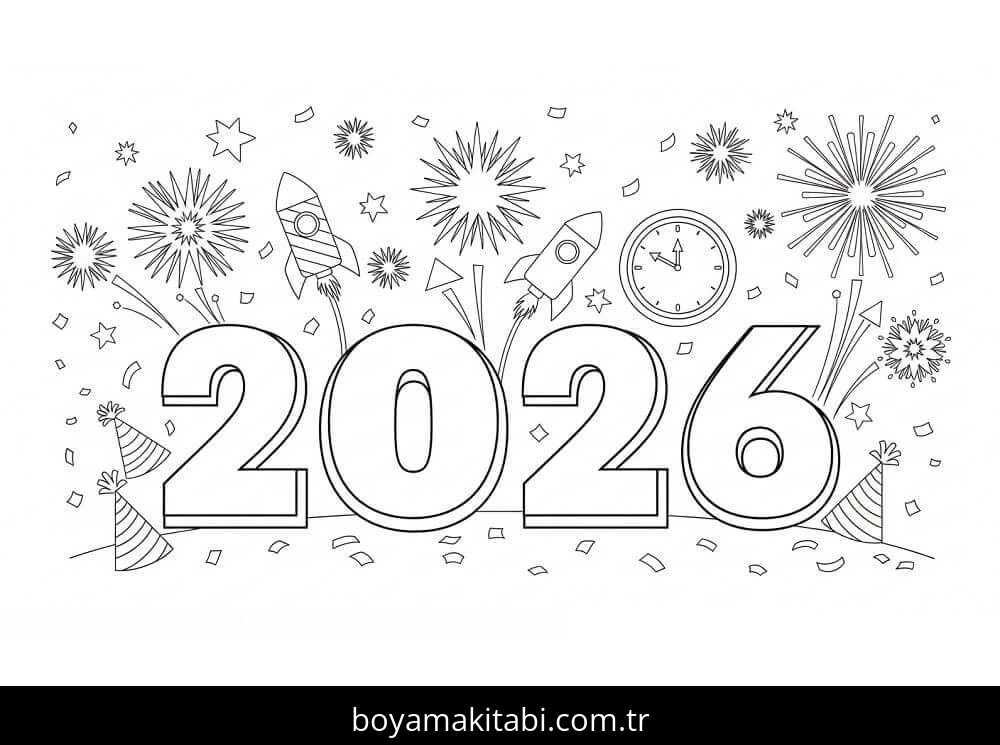Mutlu Yıllar 2026 boyama sayfası – boyama çalışması, yaratıcılığı geliştirir