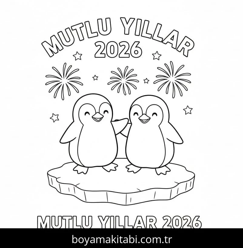 Mutlu Yıllar 2026 boyama sayfası – renkli çizimler, okul öncesi
