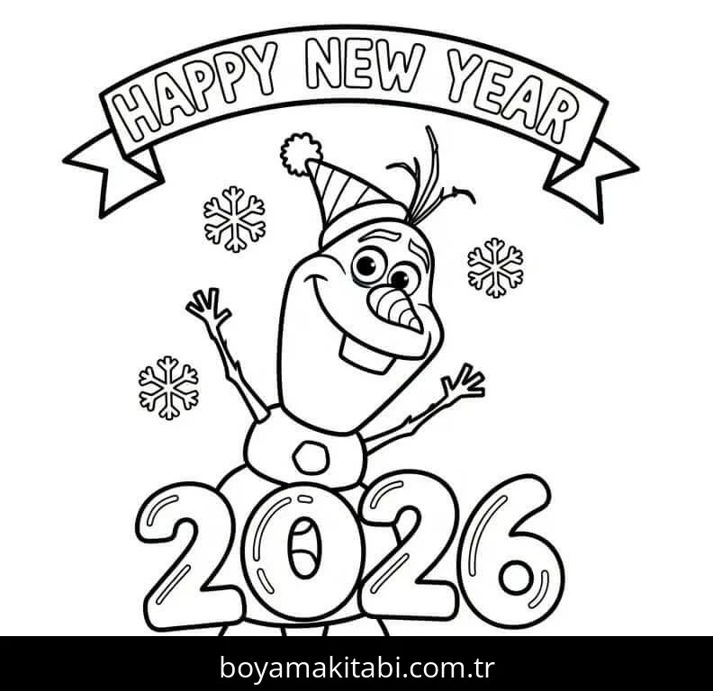 Mutlu Yıllar 2026 boyama sayfası – sevimli karakter, sanatsal çalışma