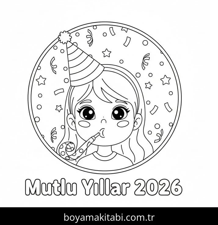 Mutlu Yıllar 2026 boyama sayfası – çocuk aktivitesi, PDF indir