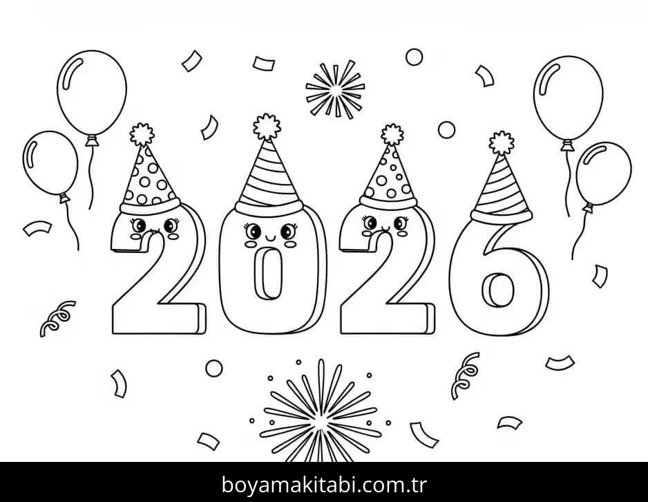 Mutlu Yıllar 2026 boyama sayfası – basit çizim, kolay boyama