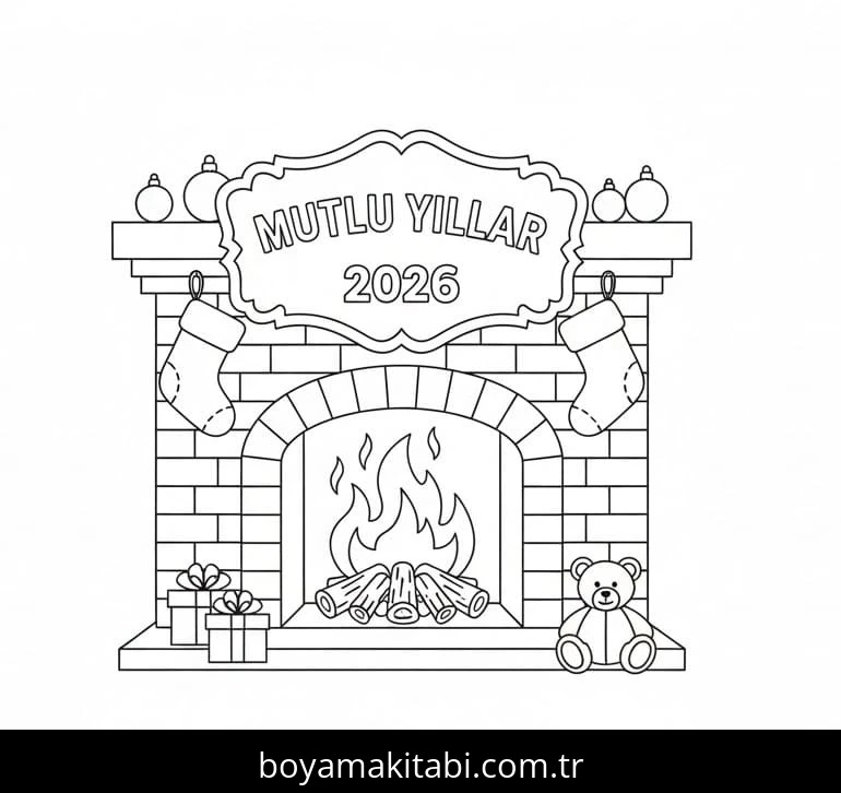Mutlu Yıllar 2026 boyama sayfası – PDF indir, sevimli karakter