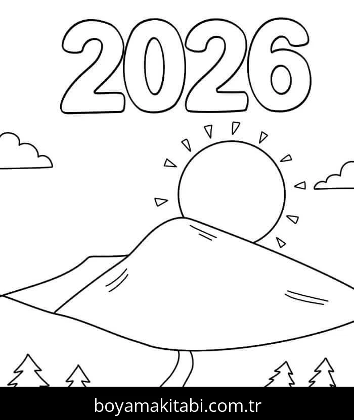 Mutlu Yıllar 2026 boyama sayfası – çocuklar için, çizgi film temalı