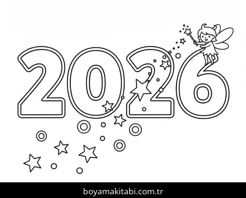 Mutlu Yıllar 2026 boyama sayfası – sevimli karakter, sanatsal çalışma