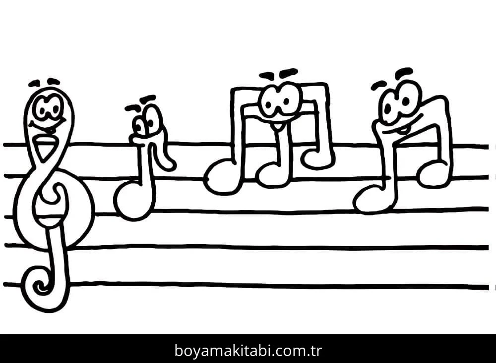 Müzik Notaları boyama sayfası #11 – sevimli karakter, sanatsal çalışma