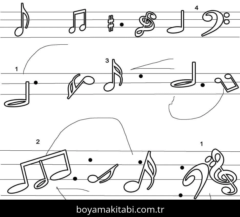 Müzik Notaları boyama sayfası #36 – A4 baskıya uygun, ücretsiz yazdır