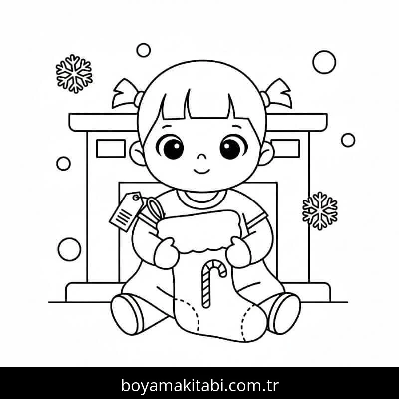 Noel Çorabı boyama sayfası – sevimli karakter, sanatsal çalışma