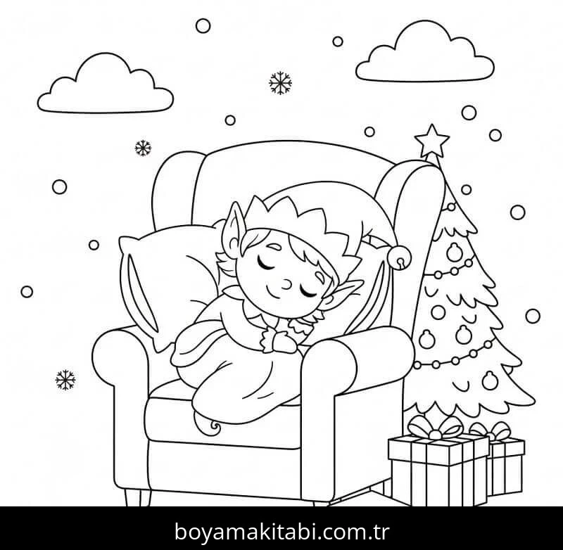 Noel Elfi boyama sayfası #20 – sevimli karakter, sanatsal çalışma