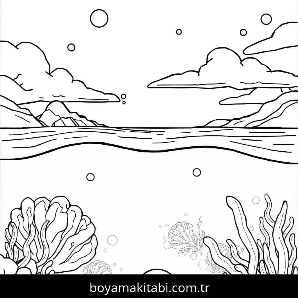 Okyanus boyama sayfası – çocuk aktivitesi, PDF indir
