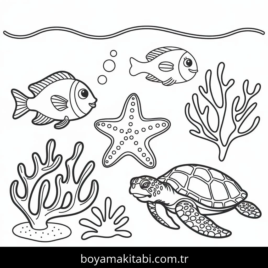 Okyanus boyama sayfası – PDF indir, sevimli karakter