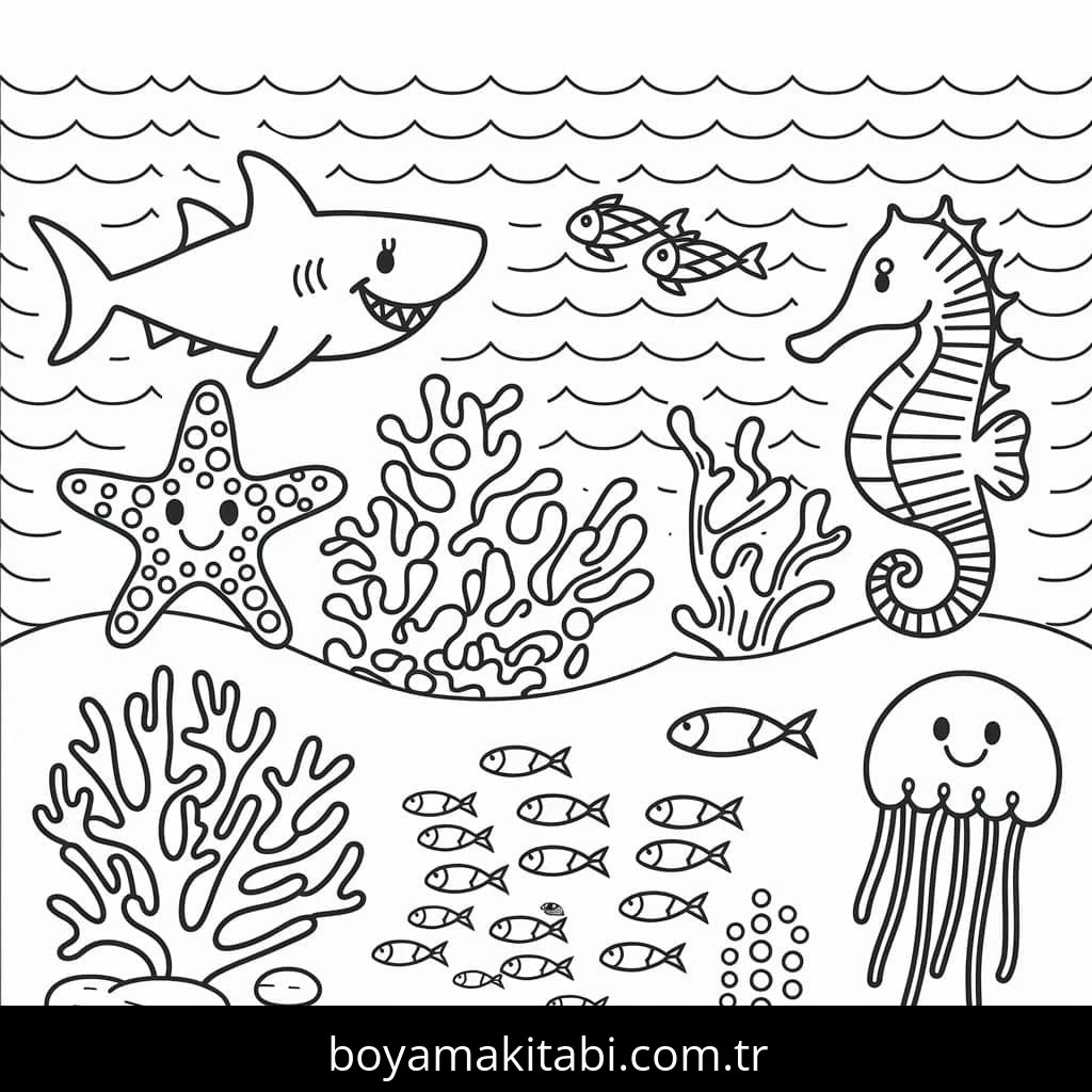 Okyanus boyama sayfası – eğlenceli etkinlik, el becerilerini geliştirir
