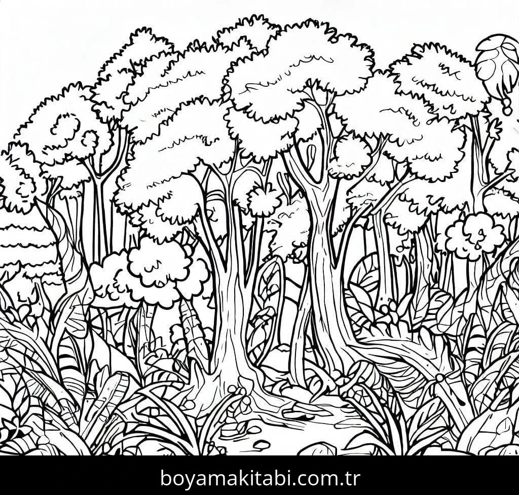 Orman boyama sayfası – sanatsal çalışma, çocuklar için