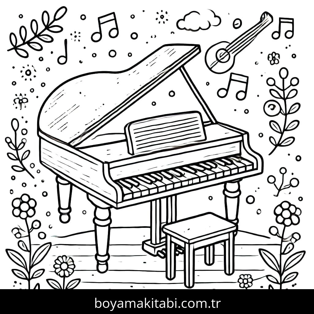 Piyano boyama sayfası – çocuklar için, çizgi film temalı
