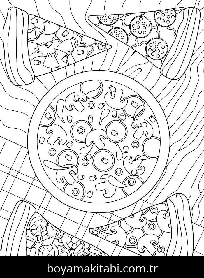 Pizza boyama sayfası – çocuk aktivitesi, PDF indir