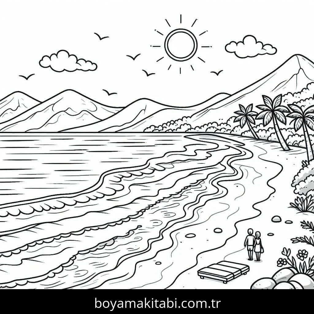 Plaj boyama sayfası – çizgi film temalı, basit çizim