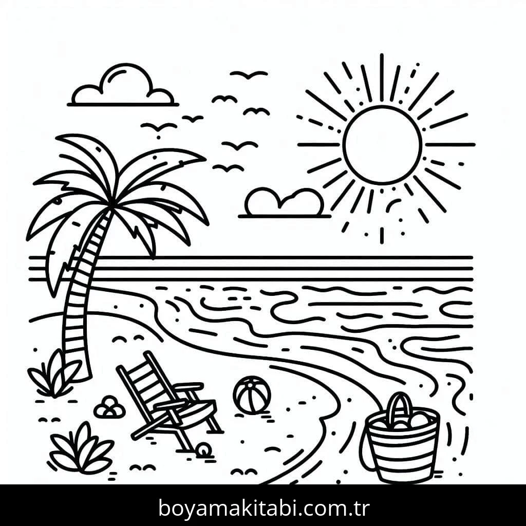 Plaj boyama sayfası – çizgi film temalı, basit çizim