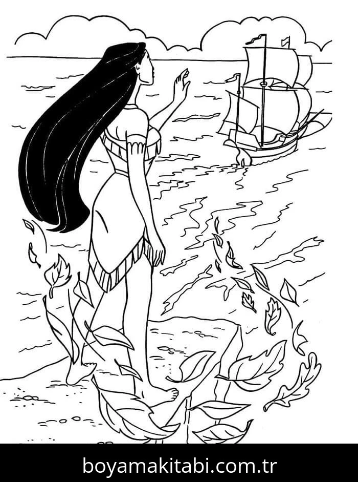 Pocahontas boyama sayfası – çocuk aktivitesi, PDF indir