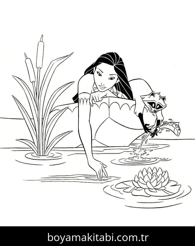 Pocahontas boyama sayfası – çocuk aktivitesi, PDF indir