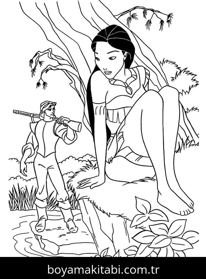 Pocahontas boyama sayfası – çizgi film temalı, basit çizim