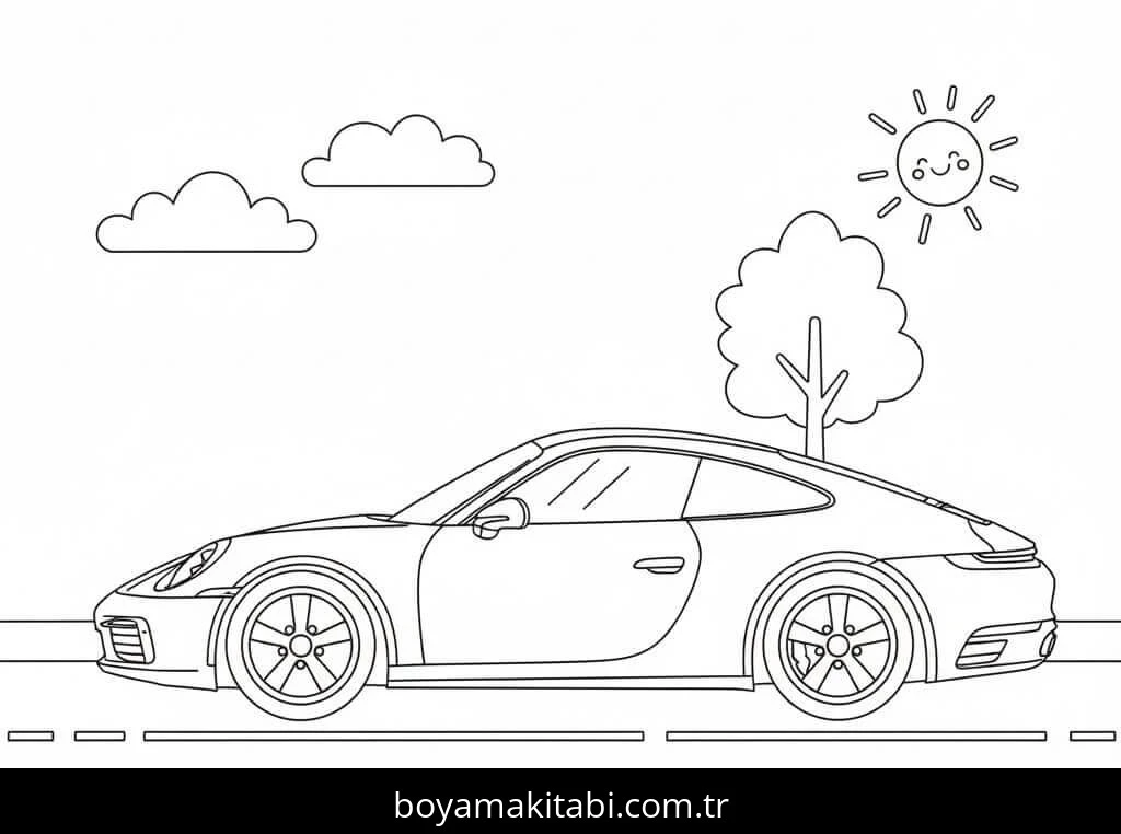 Porsche boyama sayfası – çocuk aktivitesi, PDF indir