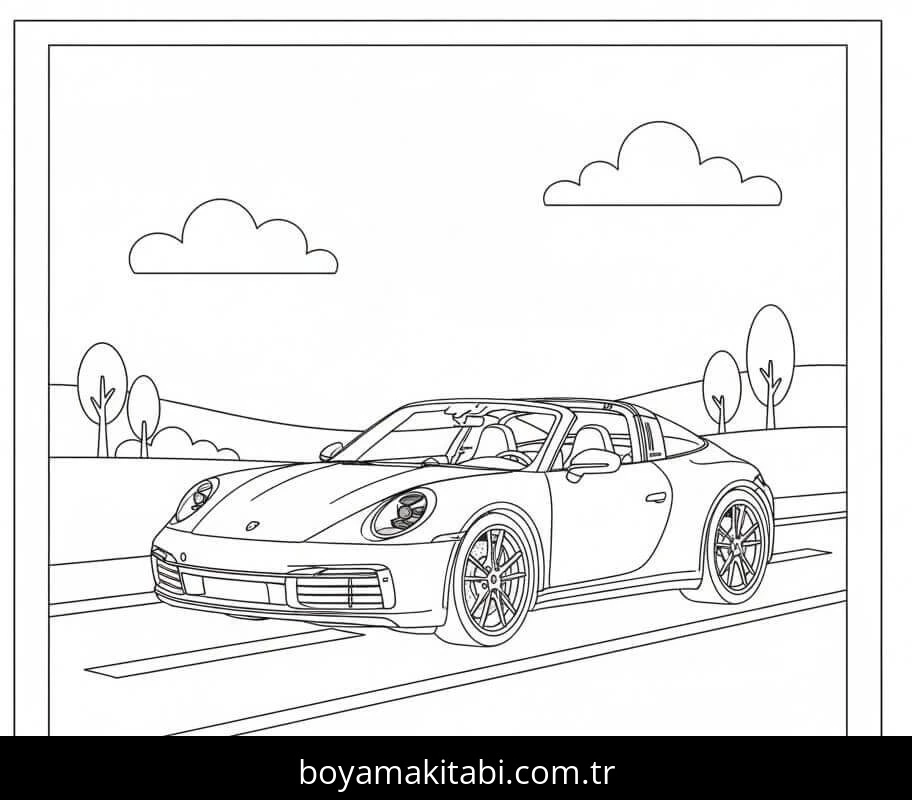 Porsche boyama sayfası – çizgi film temalı, basit çizim