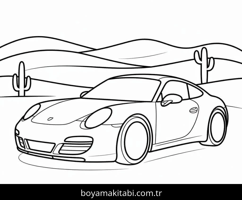 Porsche boyama sayfası – çocuk aktivitesi, PDF indir